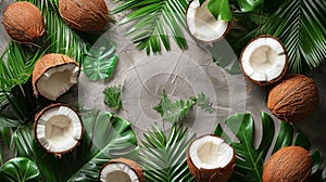 Coconuts and Leaves on a Gray Surface