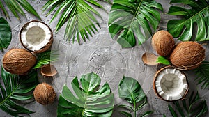 Coconuts and Leaves on a Gray Surface