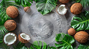 Coconuts and Leaves on a Gray Surface