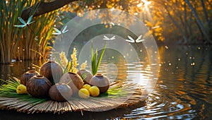 Golden Hour Serenity: Coconut Raft with Dragonflies on Calm Water
