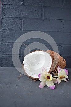 Coconuts with mint and orhid flowers, on dark background. Copy space.