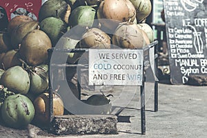 Coconuts for sale on a roadside on Bali island, Indonesia.