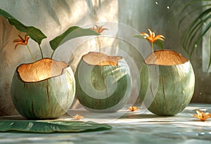Coconuts sliced and topped. Three coconuts adorned with vibrant flowers sprouting, creating a stunning tropical scene