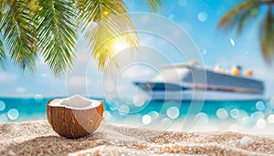 Coconuts on tropical beach with Cruise ship, palm trees and turquoise sea in the background