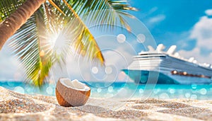 Coconuts on tropical beach with Cruise ship, palm trees and turquoise sea in the background