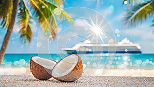 Coconuts on tropical beach with Cruise ship, palm trees and turquoise sea in the background