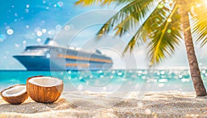 Coconuts on tropical beach with Cruise ship, palm trees and turquoise sea in the background