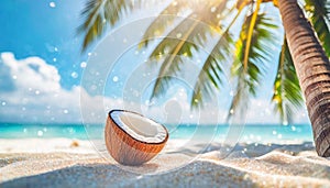 Coconuts on tropical beach with palm trees and turquoise sea. Background