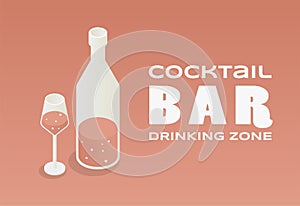 Coctail bar banner design concept. Vector illustration of wine bottle and glass of wine with text space.