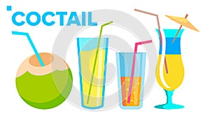 Coctail Icons Set Vector. Summer Alcoholic Drink. Holiday Beach Party Menu. Isolated Flat Cartoon Illustration