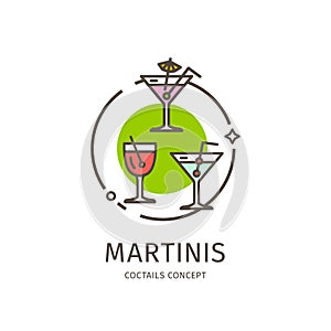 Coctails Martinis Thin Line Icon Concept. Vector