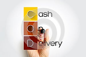 COD Cash On Delivery - sale of goods by mail order where payment is made on delivery rather than in advance, acronym text concept