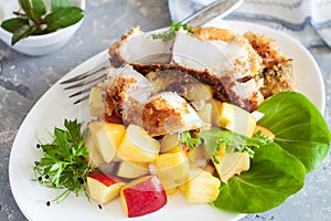 Crusted cod with peach and pineapple salsa