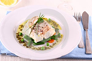 Cod Fillet with green beans, peas, parsley, olive oil