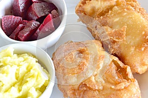 Cod fish fillet ,garlic dip and roasted beet salad