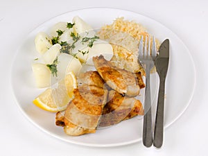 Cod fish lunch set with cutlery
