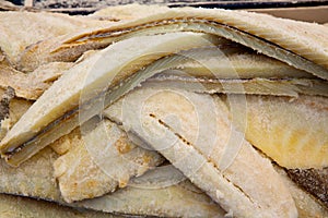 Cod fish salted codfish in a row stacked