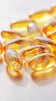Cod liver oil omega 3 gel capsules close up. Fish oil capsules