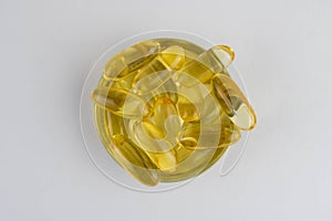 Cod liver oil omega 3 gel capsules isolated on white background