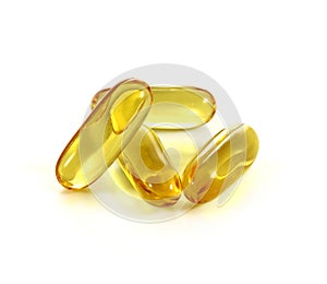 Cod liver oil omega 3 gel capsules on white background