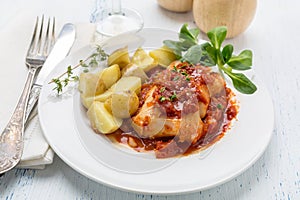 Cod or Pollack Cooked in Tomato and Thyme Sauce