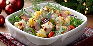 Cod salad in dish on the table with christmas decorations