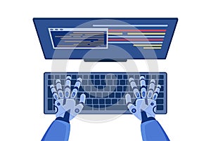 Code automation development, programming using AI, top view of coding robot hands
