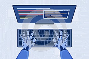 Code automation development, programming using AI, top view of coding robot hands
