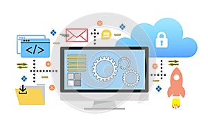 Software development concept. Set of  icons and illustrations representing development process.