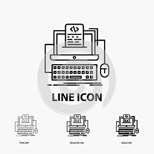 Code, coding, computer, monoblock, screen Icon in Thin, Regular and Bold Line Style. Vector illustration