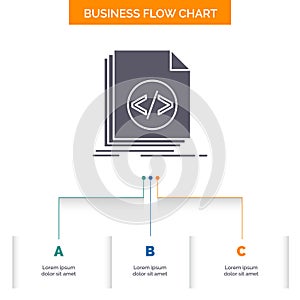 Code, coding, file, programming, script Business Flow Chart Design with 3 Steps. Glyph Icon For Presentation Background Template