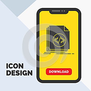Code, coding, file, programming, script Glyph Icon in Mobile for Download Page. Yellow Background