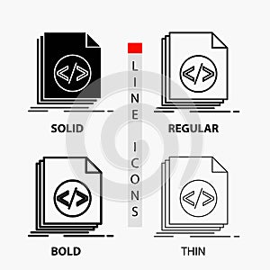 Code, coding, file, programming, script Icon in Thin, Regular, Bold Line and Glyph Style. Vector illustration