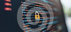 Code on Computer Screen with Security Padlock Icon Cybersecurity and Data Protection Concept.