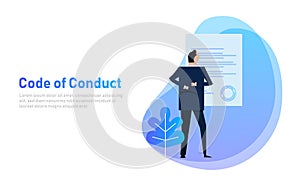 Code of Conduct. business man looking at paper. Concept of ethical integrity value and ethics. Illustration symbol