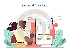 Code of Conduct concept. A person holds a tablet displaying scales of justice.