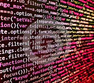 Code on dark background. Abstract computer script source code. Matrix byte of binary data rian code running abstract background in