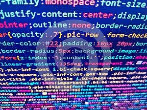 Code on dark background. Coding hacker concept. Coding background. Letters, chars, and digits. Information technology website