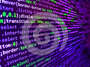 Code on dark background. Css3 code on a colorful background. Programing workflow abstract algorithm concept. Technology concept