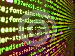 Code on dark background. Notebook closeup photo. Number on computer digital background. Matrix byte of binary data rian code