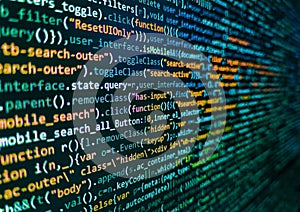 Code on dark background. Python programming developer code. Programmer working in a software develop company office. Computer