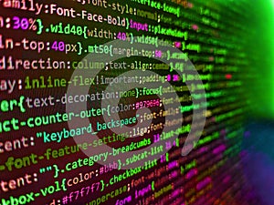 Code on dark background. Web or application development, business and technology concept. Database bits access stream