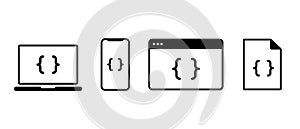 Code device vector icon. Device coding program script sign. App programming window illustration