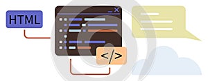 Coding Interface with HTML Tag, Syntax Editor, and Communication Concept