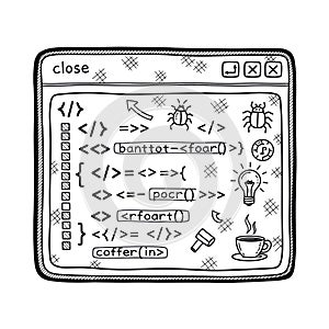 Code editor window with programming symbols on transparent background