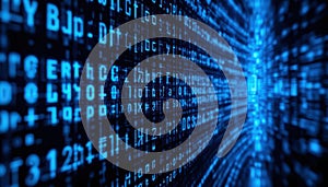 Code Error Sapphire Blue Glitch Abstract, Corrupted Data Stream, Digital Distortion, Malfunctioning Technology Concept