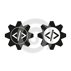 Code gear icon. Software settings symbol. Programming cogwheel vector. Black and white design.