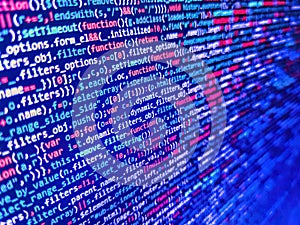 Code of javascript language on white background. Abstract program code on computer screen. Background of software developer script