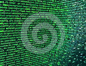 Code of javascript language on white background. Lots of digits on the computer screen. HTML and CSS code developing screenshot.