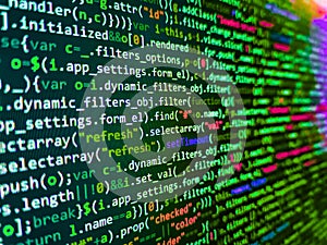 Code of javascript language on white background. Mobile app building. Software developer programming code on computer monitor. Hi-